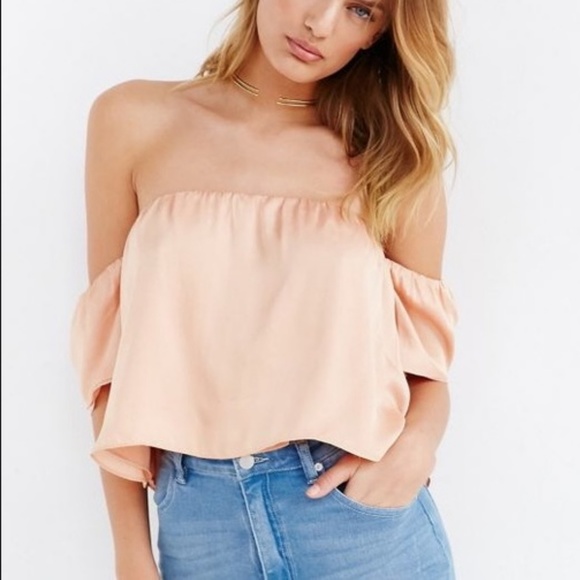 Lucca Couture Tops - Lucca Flowy Peach Satin Off Shoulder Crop Top S